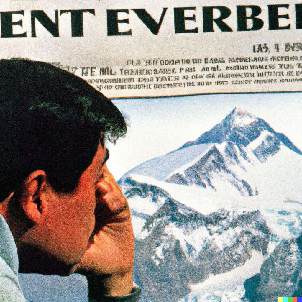 someone gazing at Mount Everest, front page of The New York Times, 1990